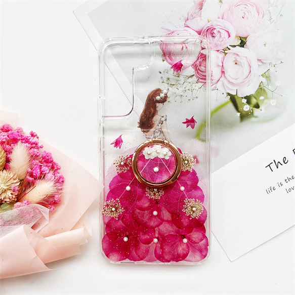ハンドメイド展示 スマホリング 付き 押し花iphoneケース/押し花 薔薇  