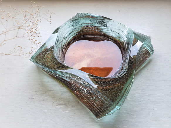 ガラス水盤　花器　積層茶色泡 5枚目の画像