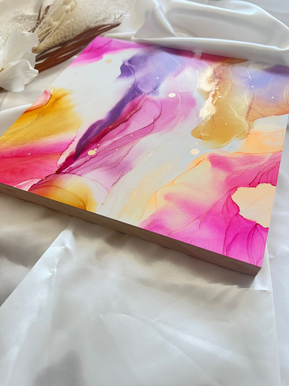 アルコールインクアート　ピンク　紫　黄色　レジン　パネル　木製　29.6×21 アルコールインクアート パネル S3【世界に一つだけのアート