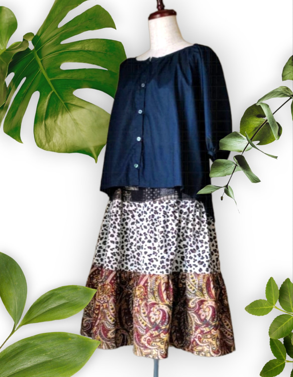 アニマル柄×和柄×ペーズリー柄　三段ティアードスカート 4枚目の画像