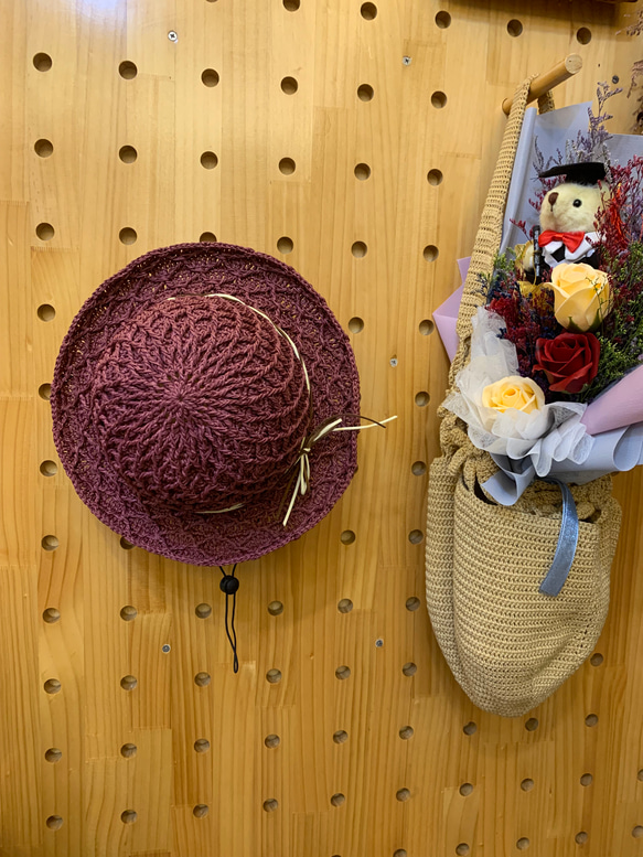 純手工鉤織～紙籖維夏天帽子/磚紅鑽石遮陽帽/草帽 第3張的照片
