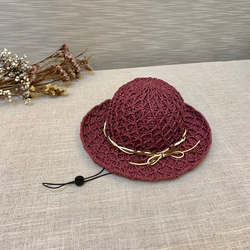 純手工鉤織～紙籖維夏天帽子/磚紅鑽石遮陽帽/草帽 第2張的照片