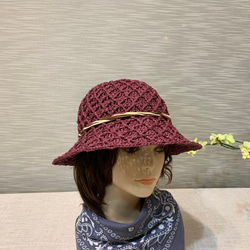純手工鉤織～紙籖維夏天帽子/磚紅鑽石遮陽帽/草帽 第6張的照片