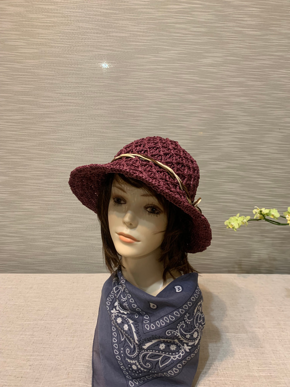 純手工鉤織～紙籖維夏天帽子/磚紅鑽石遮陽帽/草帽 第8張的照片