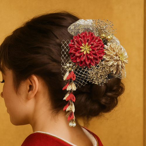紅金花（べにきんか）｜赤×金のつまみ細工髪飾りセット（成人式・卒業