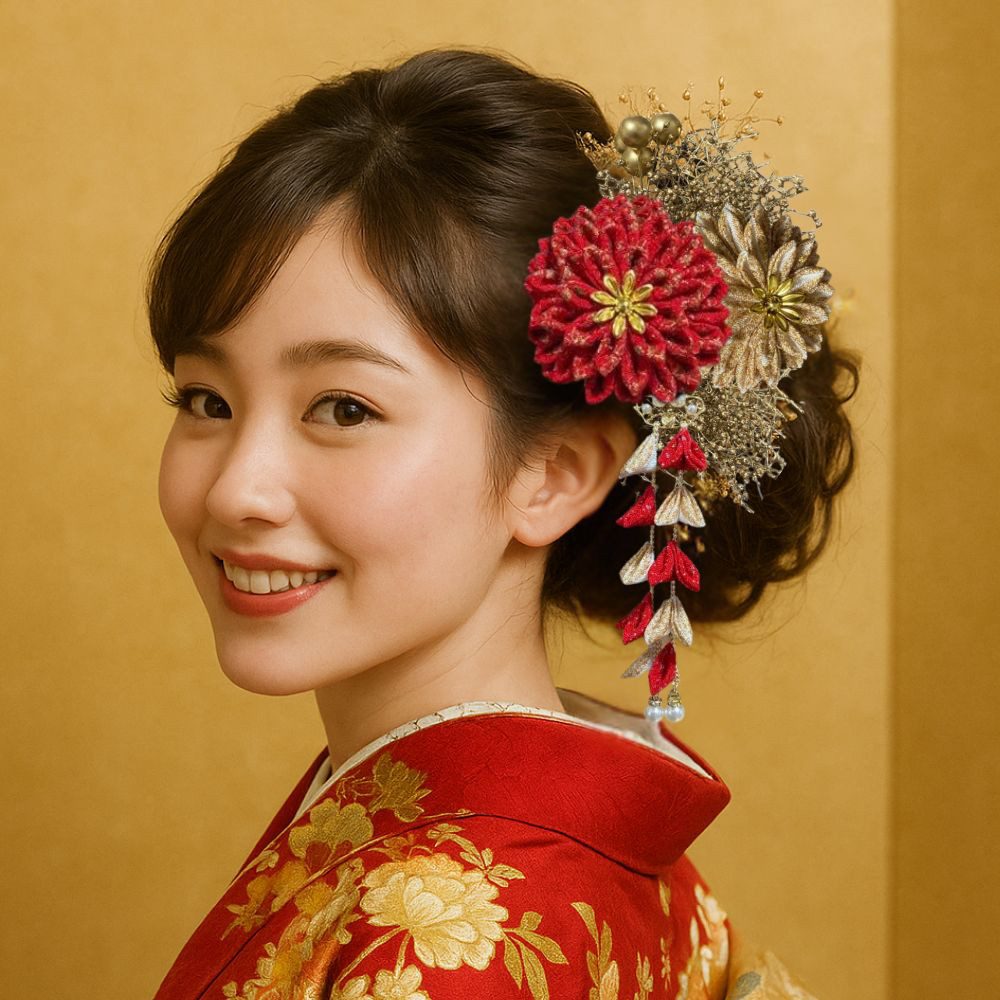 紅金花（べにきんか）｜赤×金のつまみ細工髪飾りセット（成人式・卒業式・結婚式に）紅金花