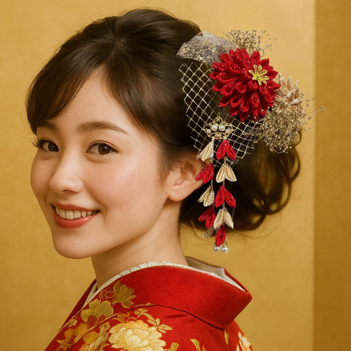 紅金花（べにきんか）｜赤×金のつまみ細工髪飾りセット（成人式・卒業