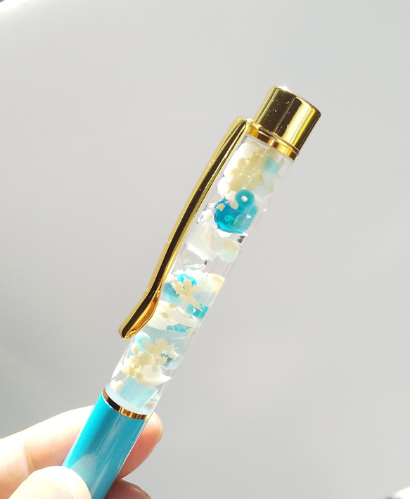 【海の宝石】ハーバリウムボールペン ガラスビーズ 青ボールペン 誕生日プレゼント 3枚目の画像
