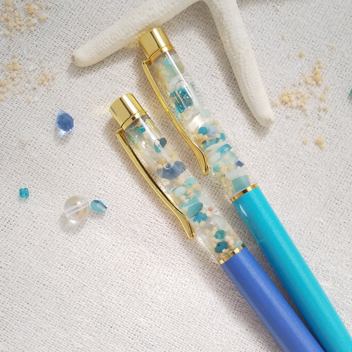 海の宝石】ハーバリウムボールペン ガラスビーズ 青ボールペン 誕生日