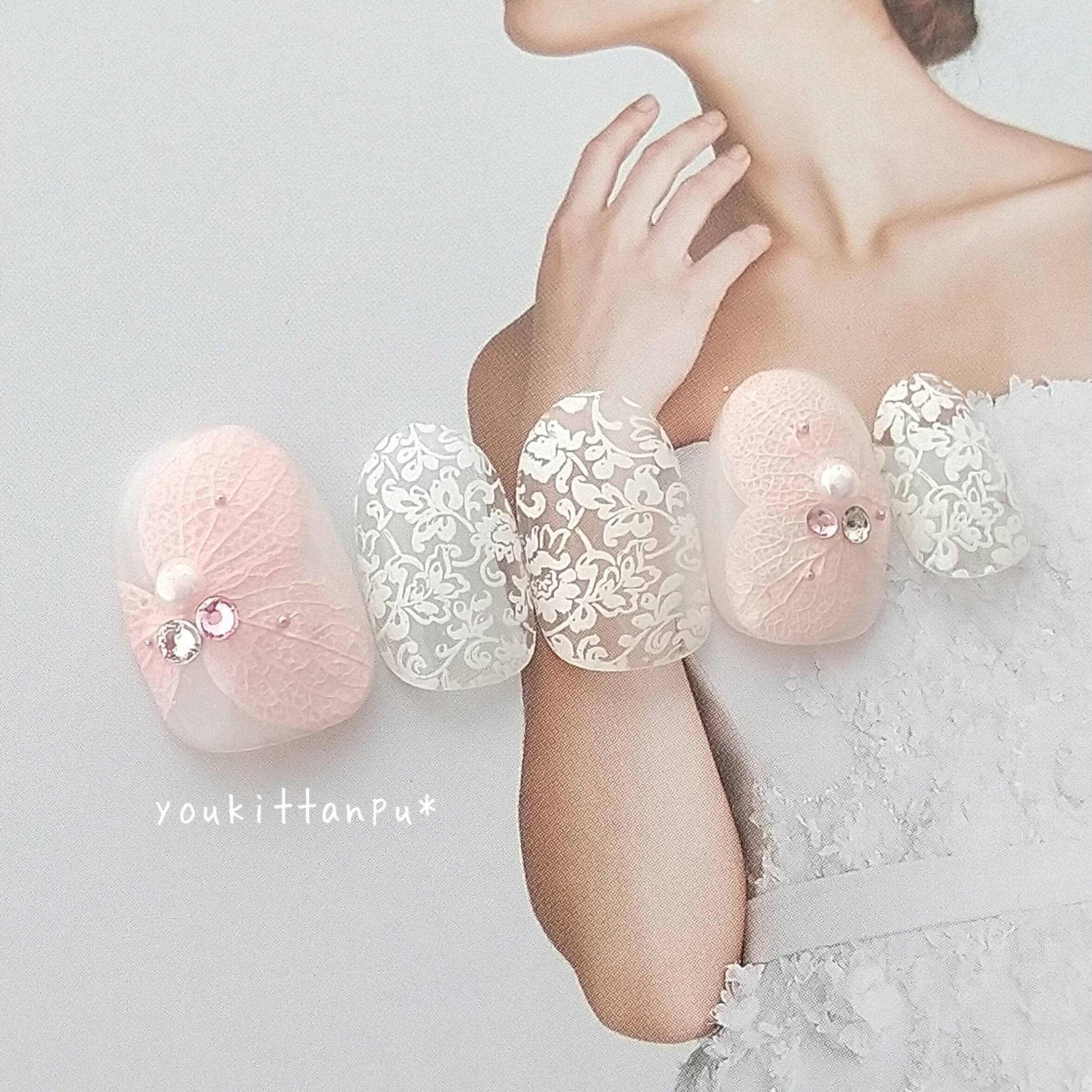 ネイルチップ＊紫陽花の押し花とレースネイル 永遠に…Ⅳ＊ブライダル ウェディング 結婚式 白無垢 成人式 振袖 短め 花