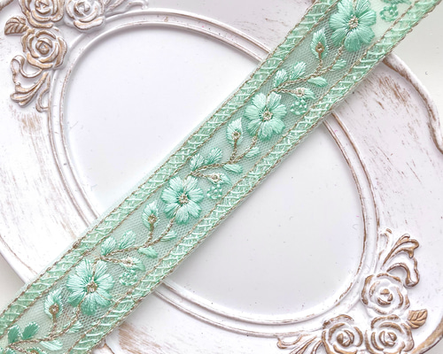 ミントグリーン 花刺繍 リボンドレス　7歳 子供ドレス|子供ドレスならD-SU-213-リーフ刺繍ミントリボンロングドレス