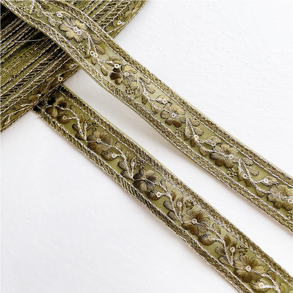 [ 398 ] インド刺繍 リボン 緑 グリーン 花柄 幅:2.5cm 2枚目の画像