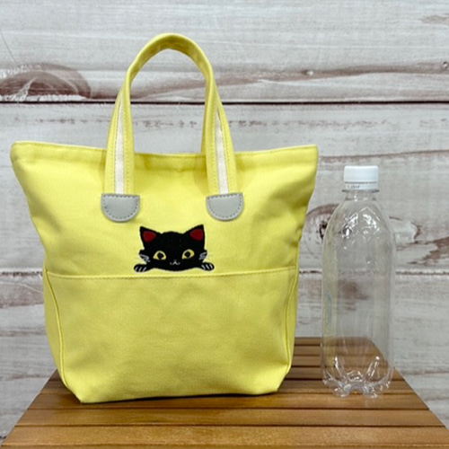 ひょっこり黒猫の刺繍 内ポケット付き厚手コットンミニトートバッグ 