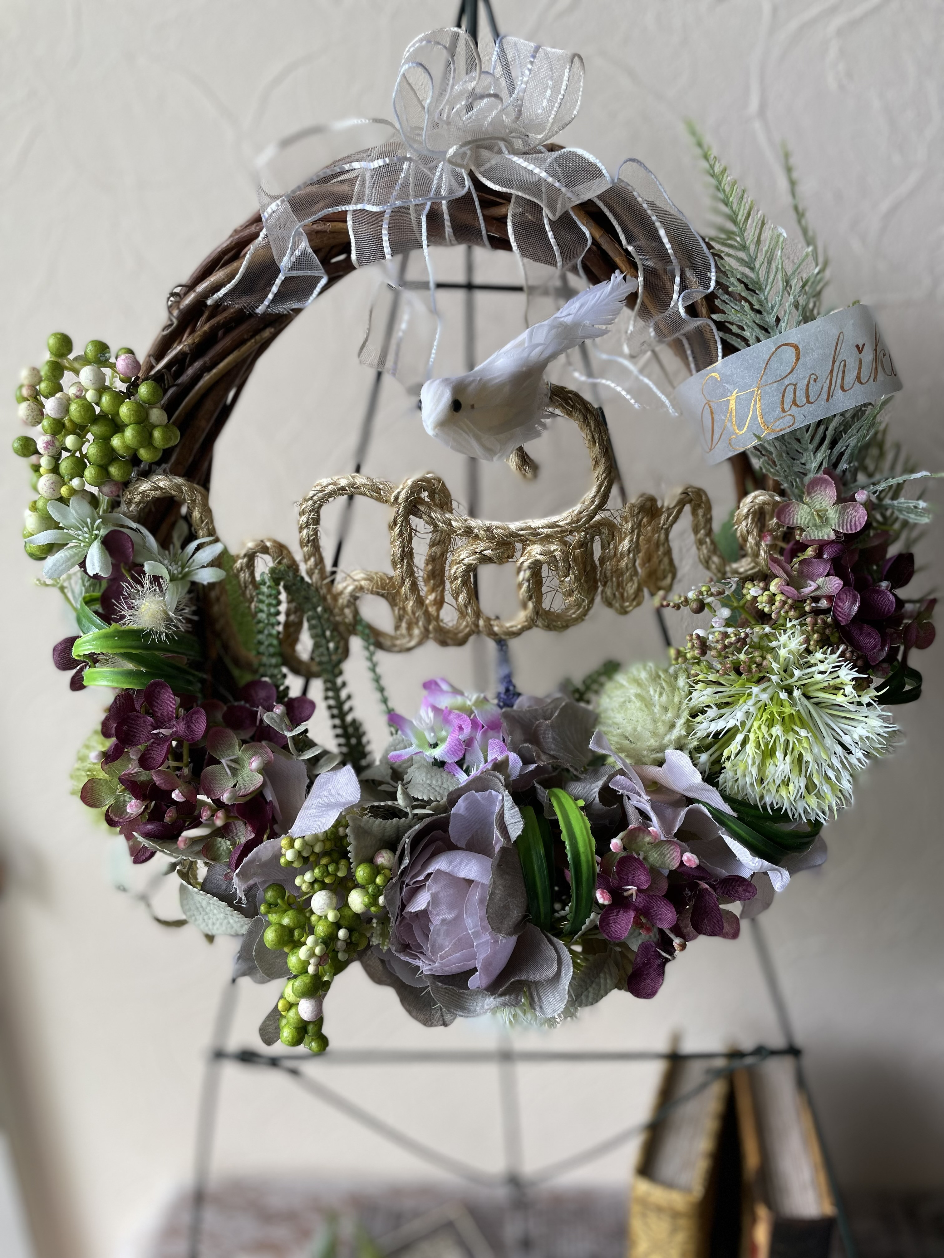 《紫陽花リース幸せを呼ぶWhite bird＆welcome》