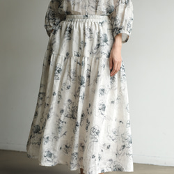 優しく揺れる、ゆるふわギャザースカート　バラー柄　麻のロングスカート　裏地付き　230610-1 4枚目の画像