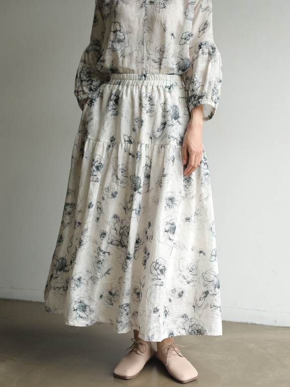 優しく揺れる、ゆるふわギャザースカート　バラー柄　麻のロングスカート　裏地付き　230610-1 4枚目の画像