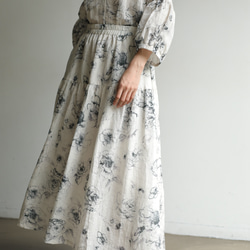 優しく揺れる、ゆるふわギャザースカート　バラー柄　麻のロングスカート　裏地付き　230610-1 3枚目の画像