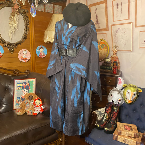 正絹銘仙着物リメイク ❣️ワンピース 七分袖 新品ハンドメイド