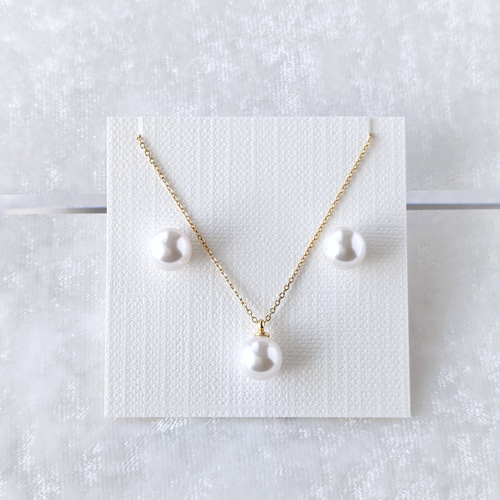 2点セット＊ 8mmパールの1粒ピアス/イヤリング＆ネックレスセット 6月