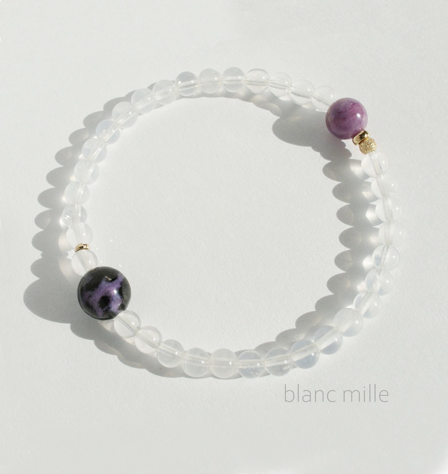 No.1943○*ピンクスギライト＆ミルキークォーツ&ブラックチャロアイト　ブレスレット○*天然石 18金ゴールドビーズ