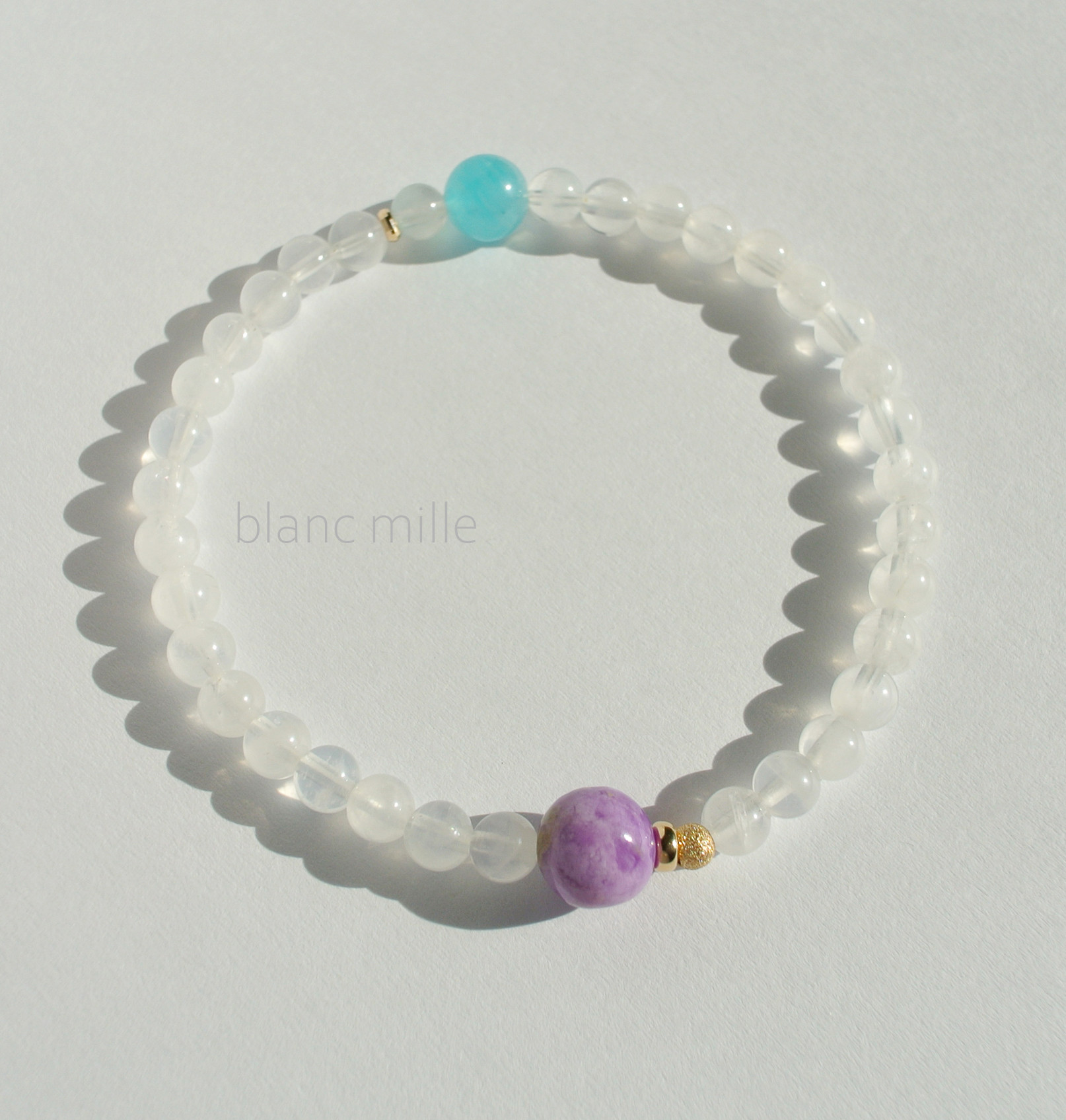 No.1944○*ピンクスギライト＆ミルキークォーツ&アマゾナイト ブレスレット○*天然石 18金ゴールドビーズ 22,200円