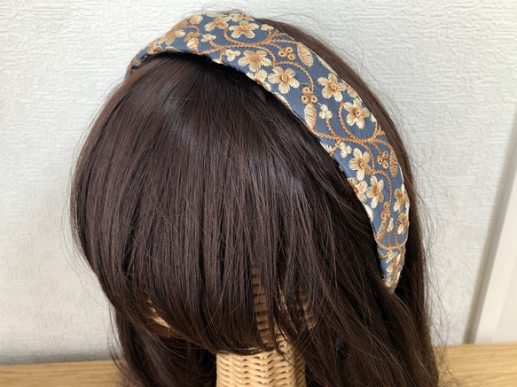 刺繍リボンのカチューシャ&ヘアゴム オリエタルボタニカル ブルーグレー＜Creema限定福袋＞ 5枚目の画像