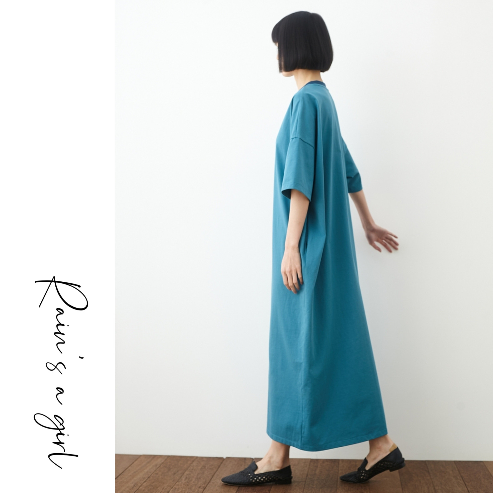 【2023夏新作】ターコイズブルーロング丈Tシャツワンピース