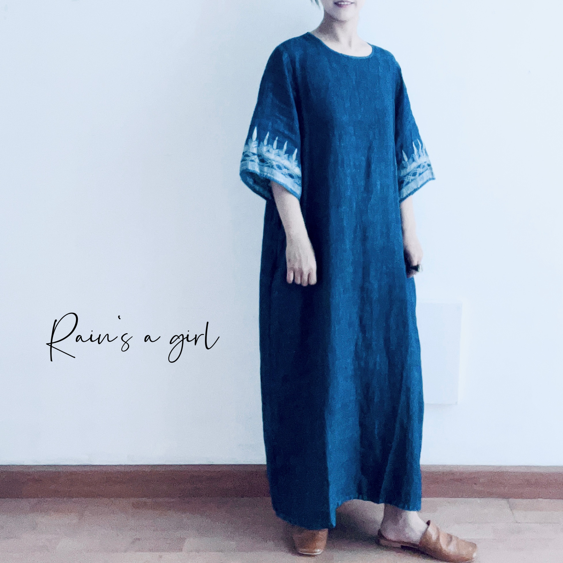 人気作家リネンワンピース リネンライクワンピース/綿麻ブレンド/ウォッシャブル/ブルー