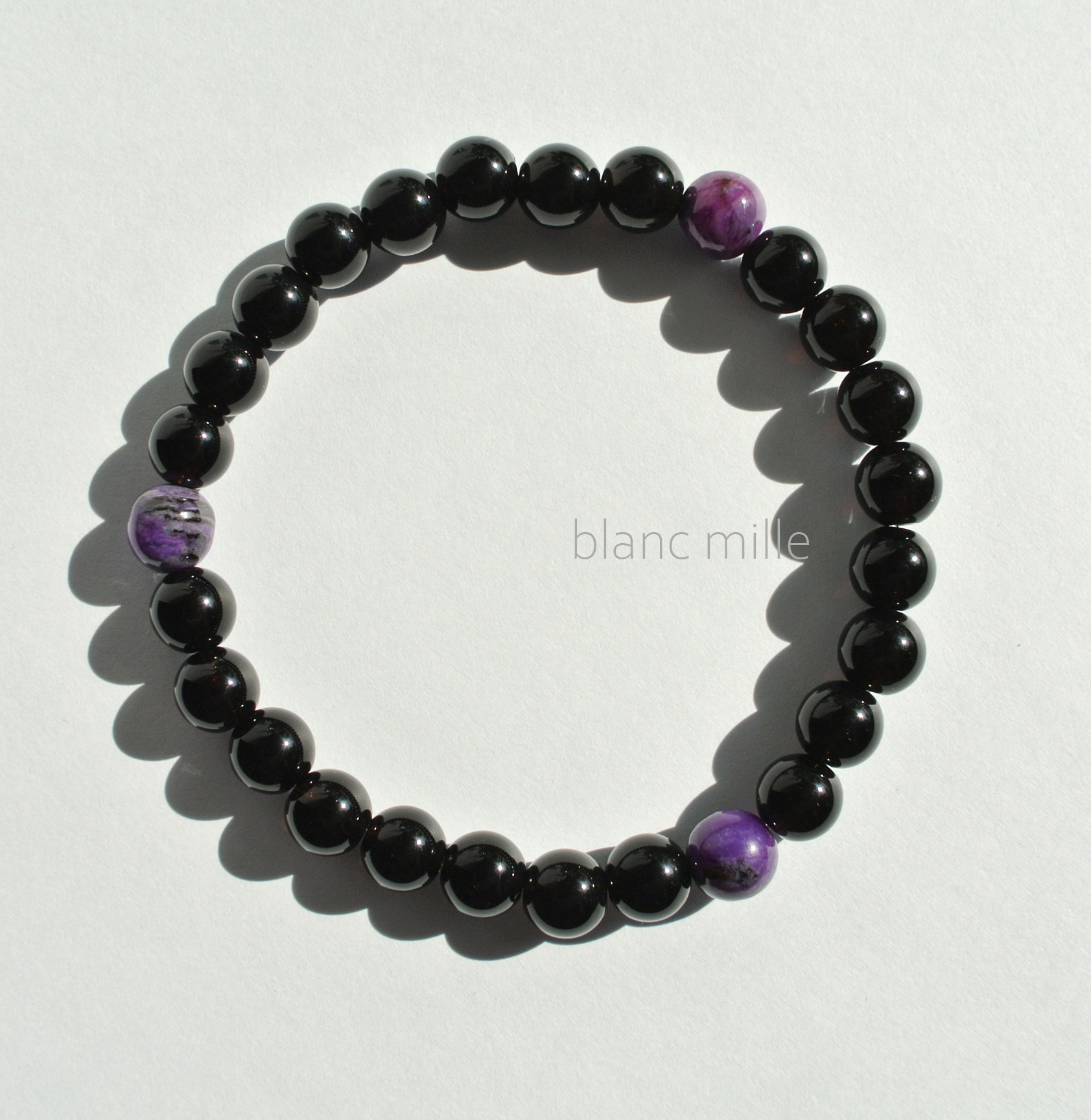 No.1949○*3粒スギライト＆6ｍｍモリオン　シンプルブレスレット○*天然石 チベット産黒水晶 杉石 スギライト