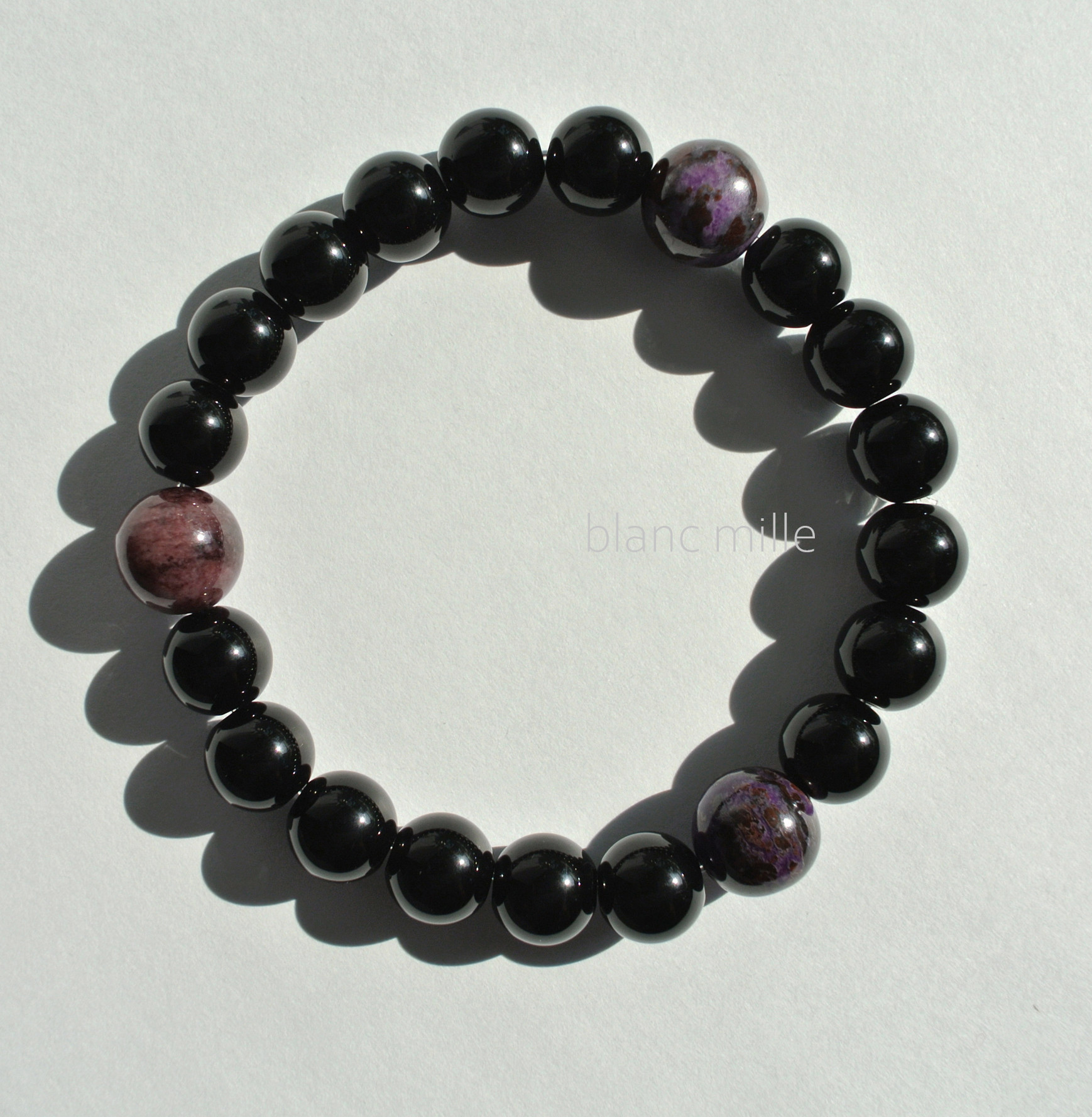 No.1952○*3粒スギライト＆8ｍｍモリオン ブレスレット○*天然石 チベット産黒水晶 杉石 スギライト