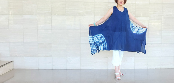 エスニックブルー 蝋纈染め 手染め 刺し子 ノースリーブワンピース エスニックブルー 蝋纈染め 手染め 刺し子 ノースリーブワンピース