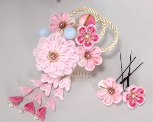 受注品》つまみ細工髪飾り #19-22 七五三半クスピンク系(3歳〜) コーム