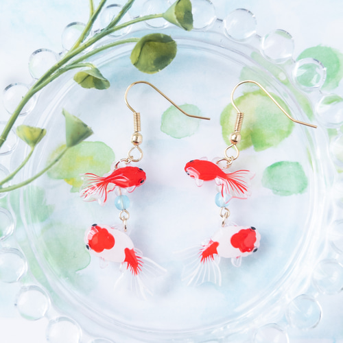 【1131】金魚掬いの巾着ピアス／イヤリング 1131】金魚掬いの巾着ピアス／イヤリング （金魚の祝福 大ぶり