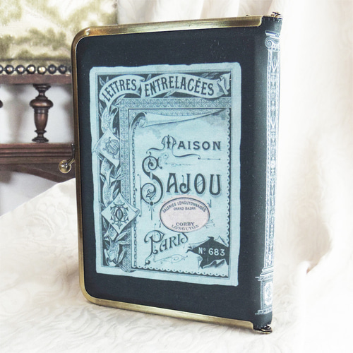 診察券が10枚入るがま口お薬手帳ケース アンティーク柄 黒 Sewing