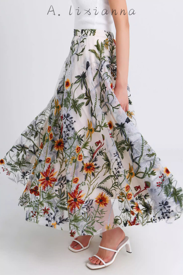 ANNA MOLINARI  アシンメトリー 花刺繍スカート 透け感 上品刺繍スカート