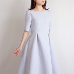 [高品質連身洋裝◎]羅緞蓬鬆提花洋裝[珍珠藍] 第2張的照片