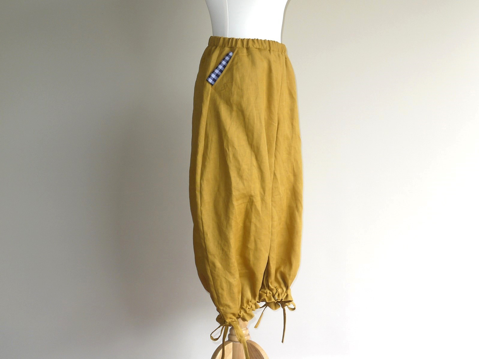 リネン☆フレンチりぼんパンツ◇マスタード◇フリーサイズ（リネン100％）