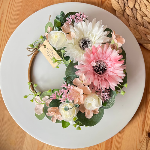 ガーベラと紫陽花のグリーン×ピンクハーフリース ドライフラワー ユーカリ