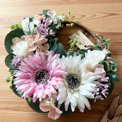 ガーベラと紫陽花のグリーン×ピンクハーフリース ドライフラワー ユーカリ