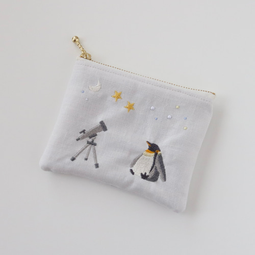 専用　ハンドメイド　刺繍　ペンギン　ポーチ 海開きとペンギン 刺繍ミニポーチ ポーチ Chalet de Pon 通販 15825523