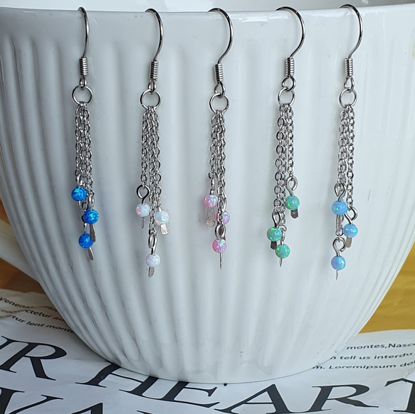 ピアスフック・チェーン  オパール　ピアス Opal beads chain Earrings 4枚目の画像