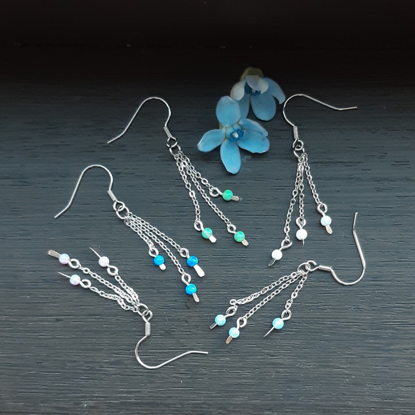 ピアスフック・チェーン  オパール　ピアス Opal beads chain Earrings 1枚目の画像