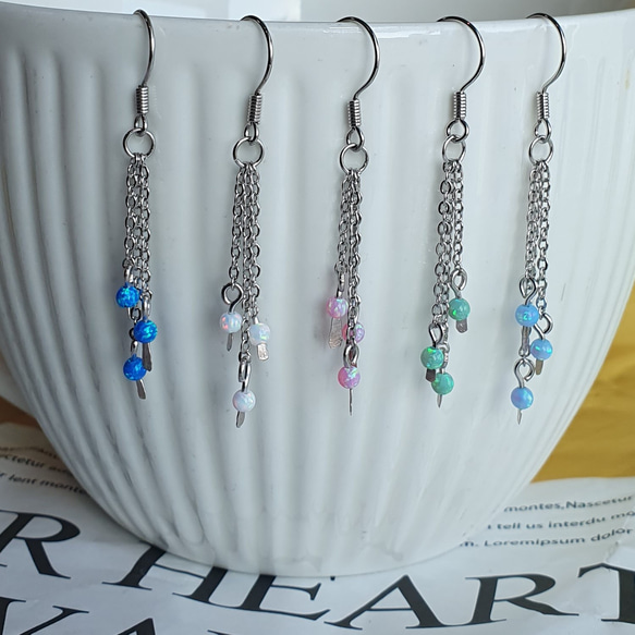 ピアスフック・チェーン  オパール　ピアス Opal beads chain Earrings 7枚目の画像