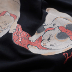 夏準備ＳＡＬＥ　度詰め天竺コットンTシャツ　カットソー生地　手描き　猫の当て字CAT ネコ浮世絵H47A 3枚目の画像