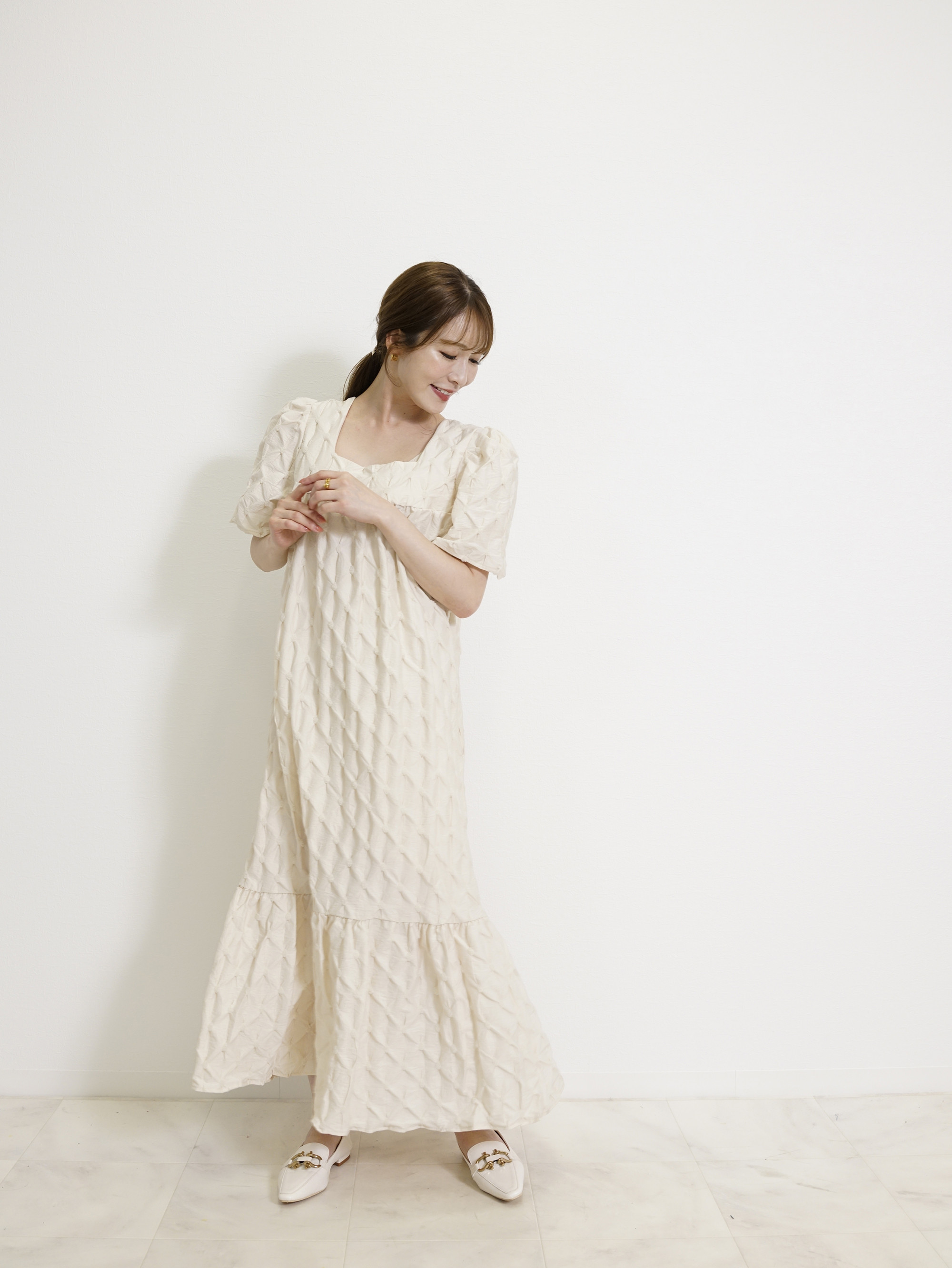 【SALE】スクエアネックシュリンクオーバーワンピース