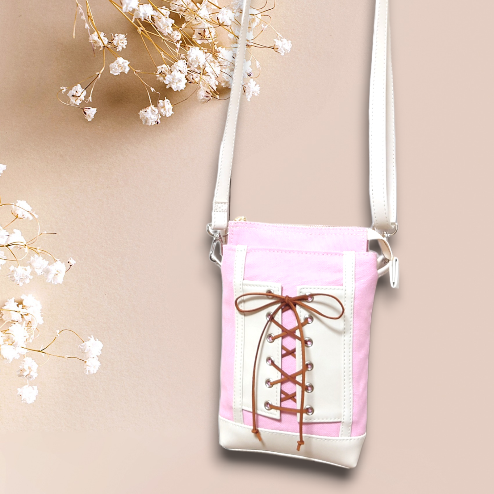 色の変更可能　送料無料　サクラ帆布と白合皮の編み上げ風スマホポシェット/スマホショルダー/サコッシュ
