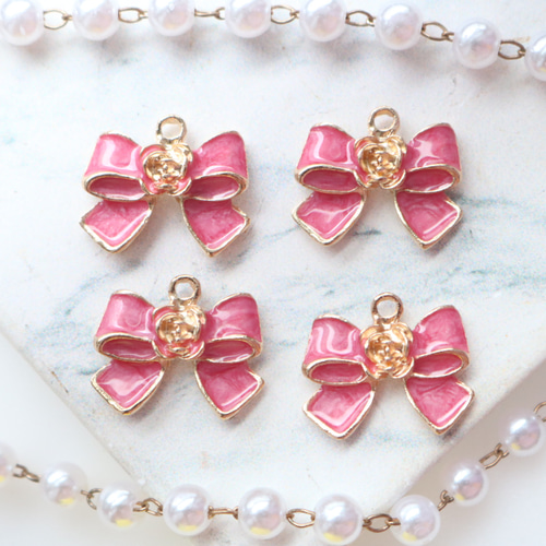 ピンク・4個】カメリア リボンチャーム パーツ 素材 ハンドメイド 部品