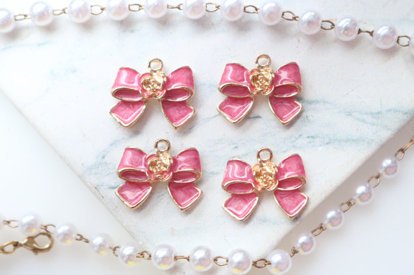 ピンク・4個】カメリア リボンチャーム パーツ 素材 ハンドメイド 部品