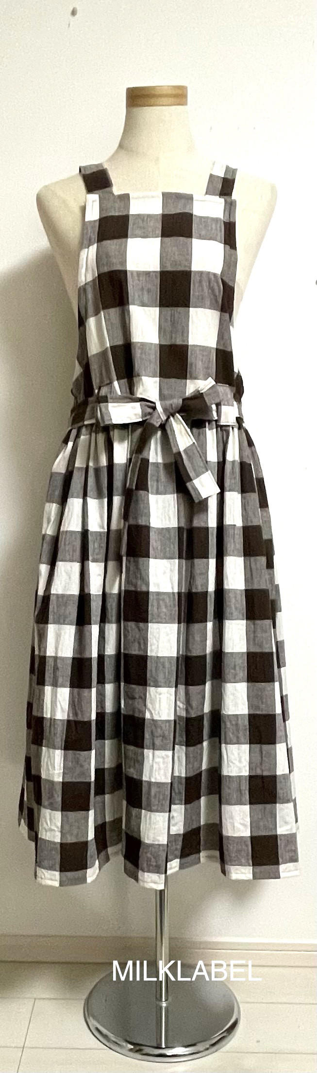<コットンリネン>大人可愛いエプロンスカート　brown✖️blockcheck