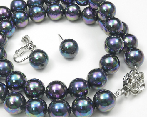 黒真珠ネックレス イヤリングorピアスセット 約45cm ピーコック系